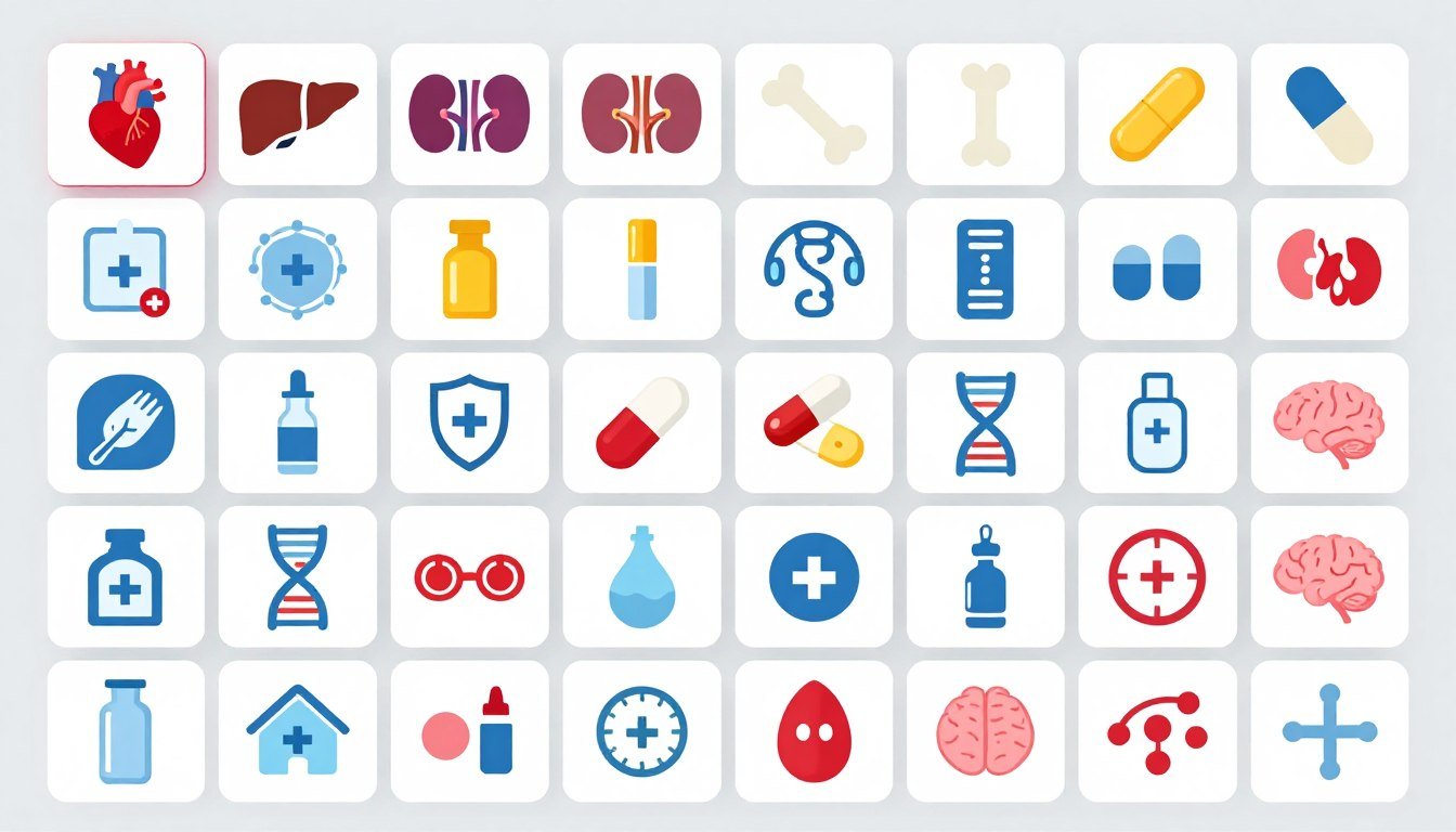 All 53 QRMA health report categories displayed as organized grid of icons