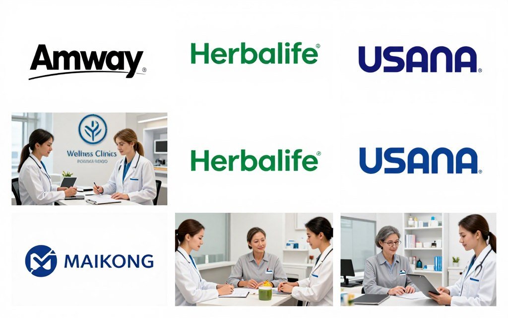 Collage showing MAIKONG partners including wellness centers and health companies