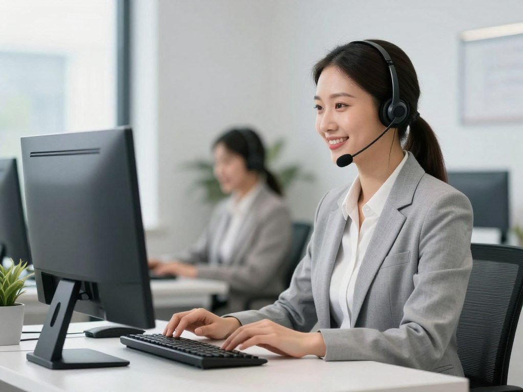 Customer service representative processing QRMA machine order on computer
