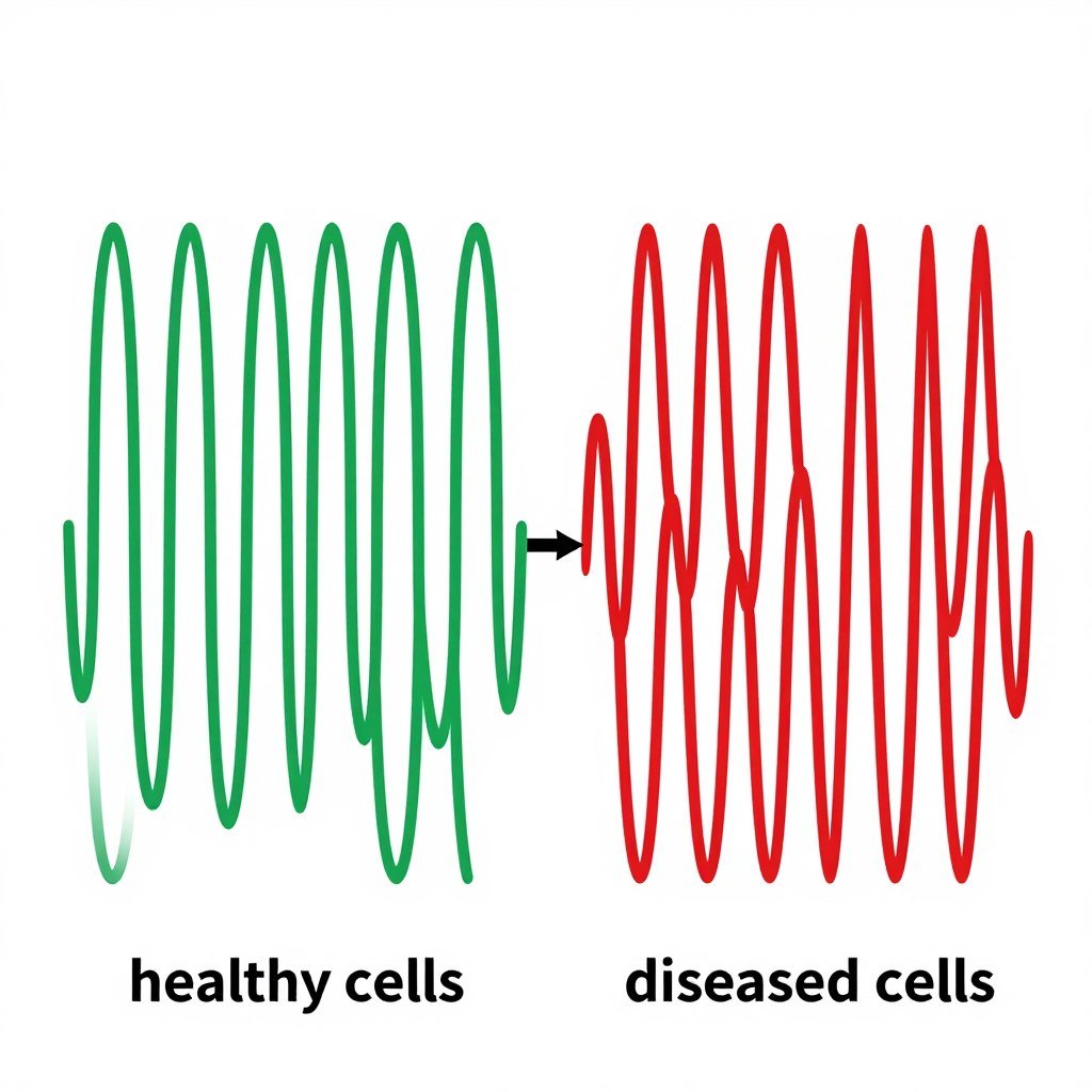 Diagram showing electromagnetic wave patterns from healthy versus unhealthy cells in quantum magnetic resonance analysis