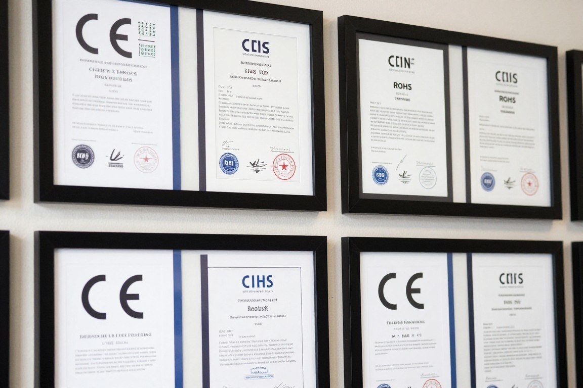 Display of MAIKONG official certification documents including CE and RoHS certificates