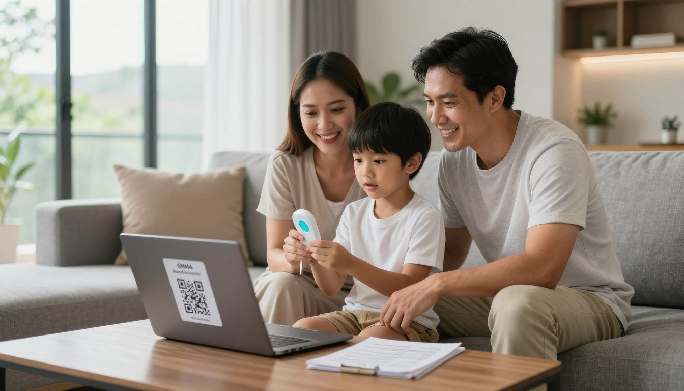 Family using QRMA machine together at home, parents checking child's health report