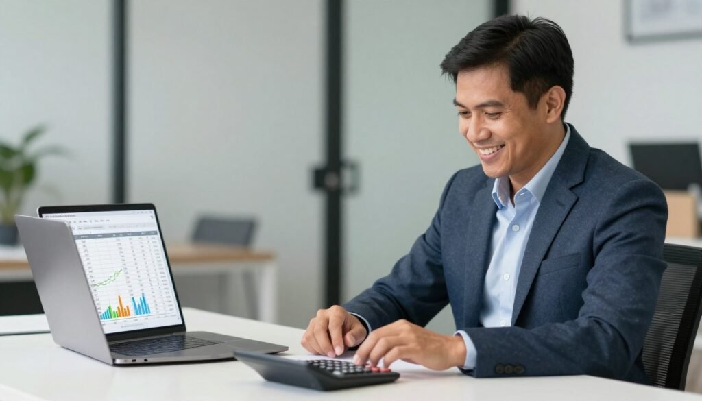 Filipino business owner calculating profits from quantum analyzer sales Filipino business owner calculating profits from quantum analyzer sales