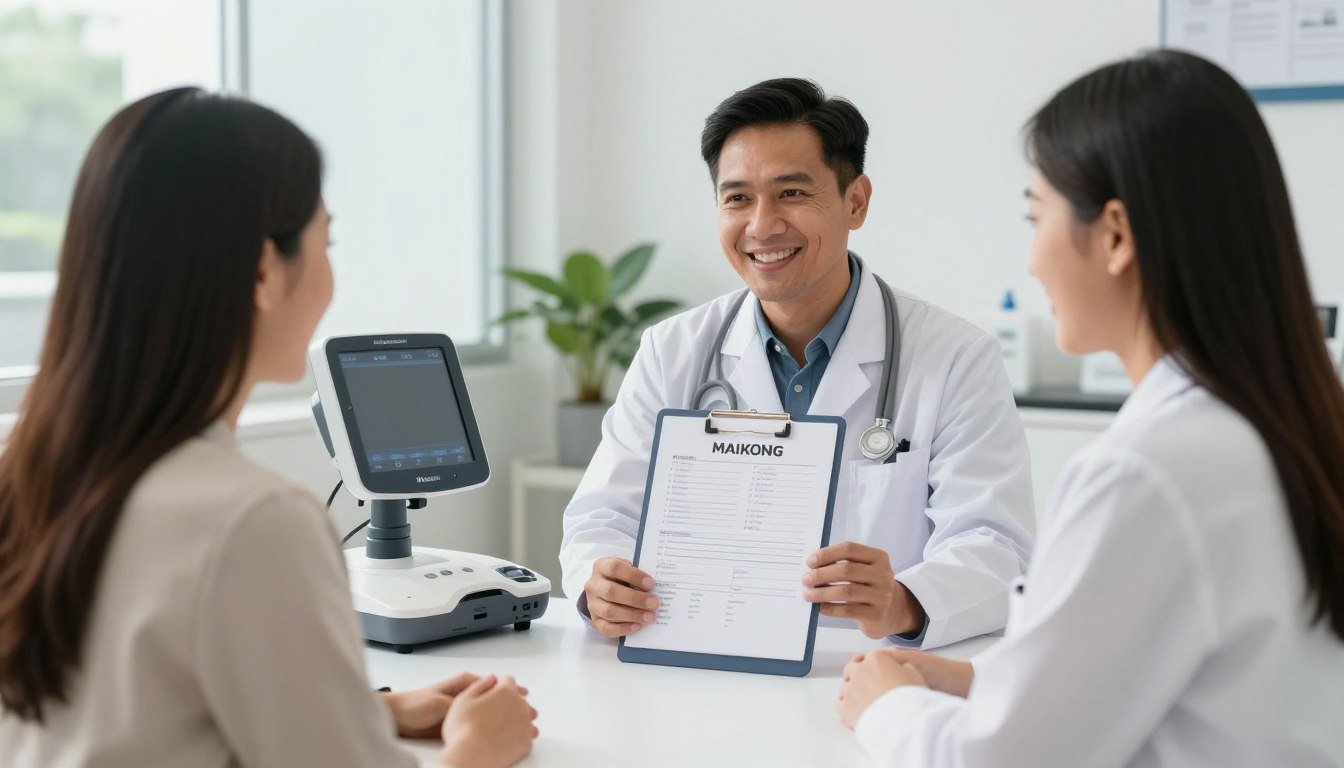 Healthcare professional using MAIKONG quantum analyzer with satisfied client