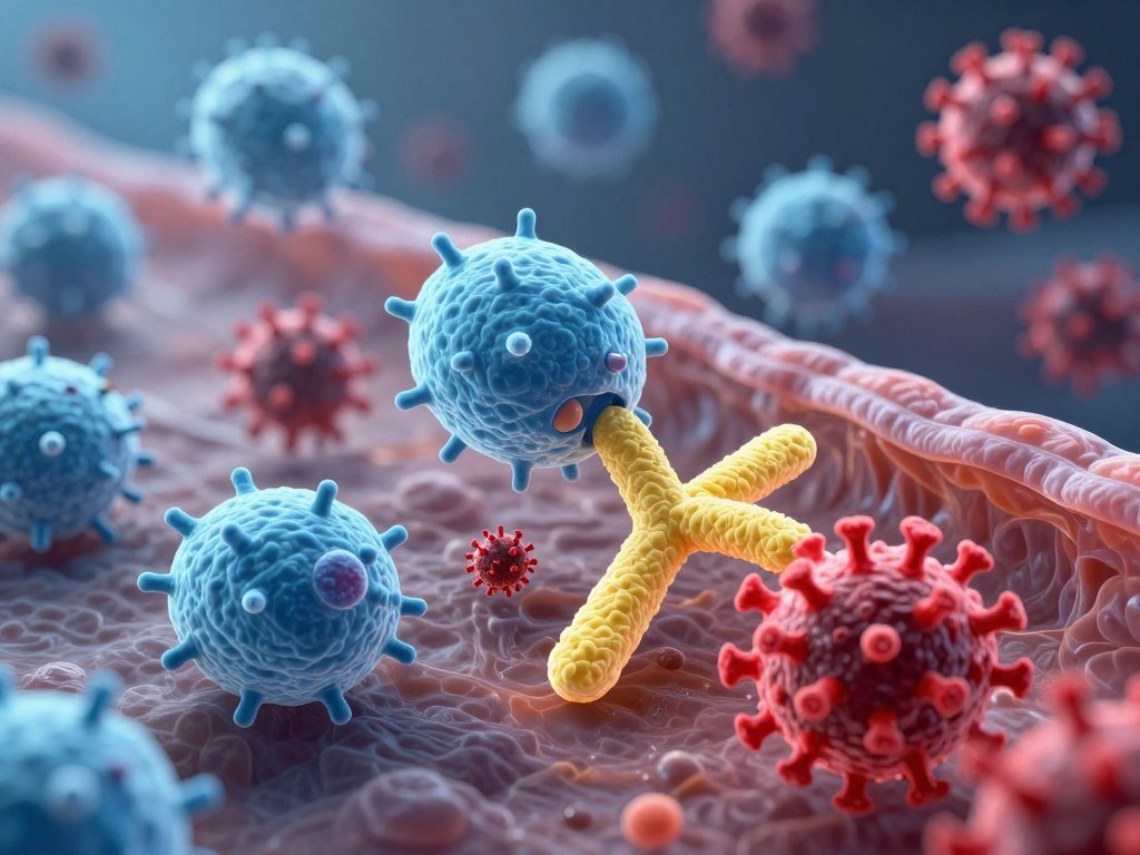 Immune system cells attacking virus particles under microscope visualization