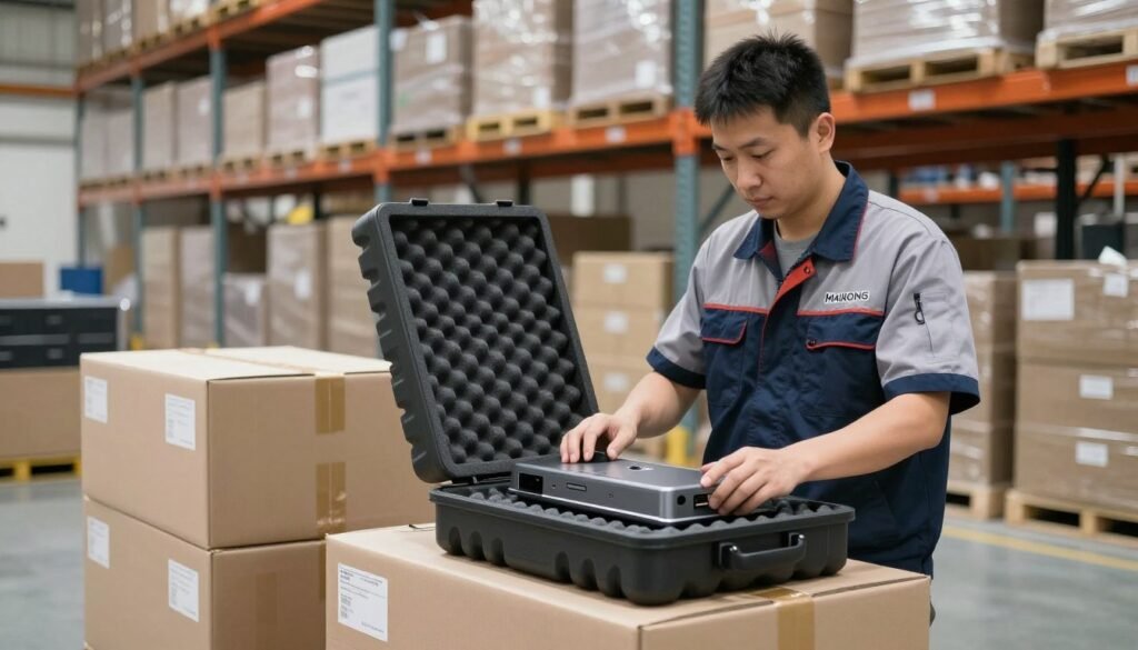 MAIKONG warehouse worker carefully packaging quantum analyzer for shipment MAIKONG warehouse worker carefully packaging quantum analyzer for shipment