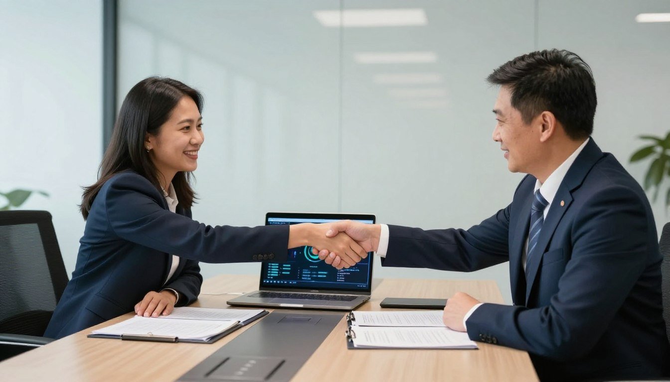 Philippine dealer meeting with MAIKONG representative reviewing partnership agreement Philippine dealer meeting with MAIKONG representative reviewing partnership agreement