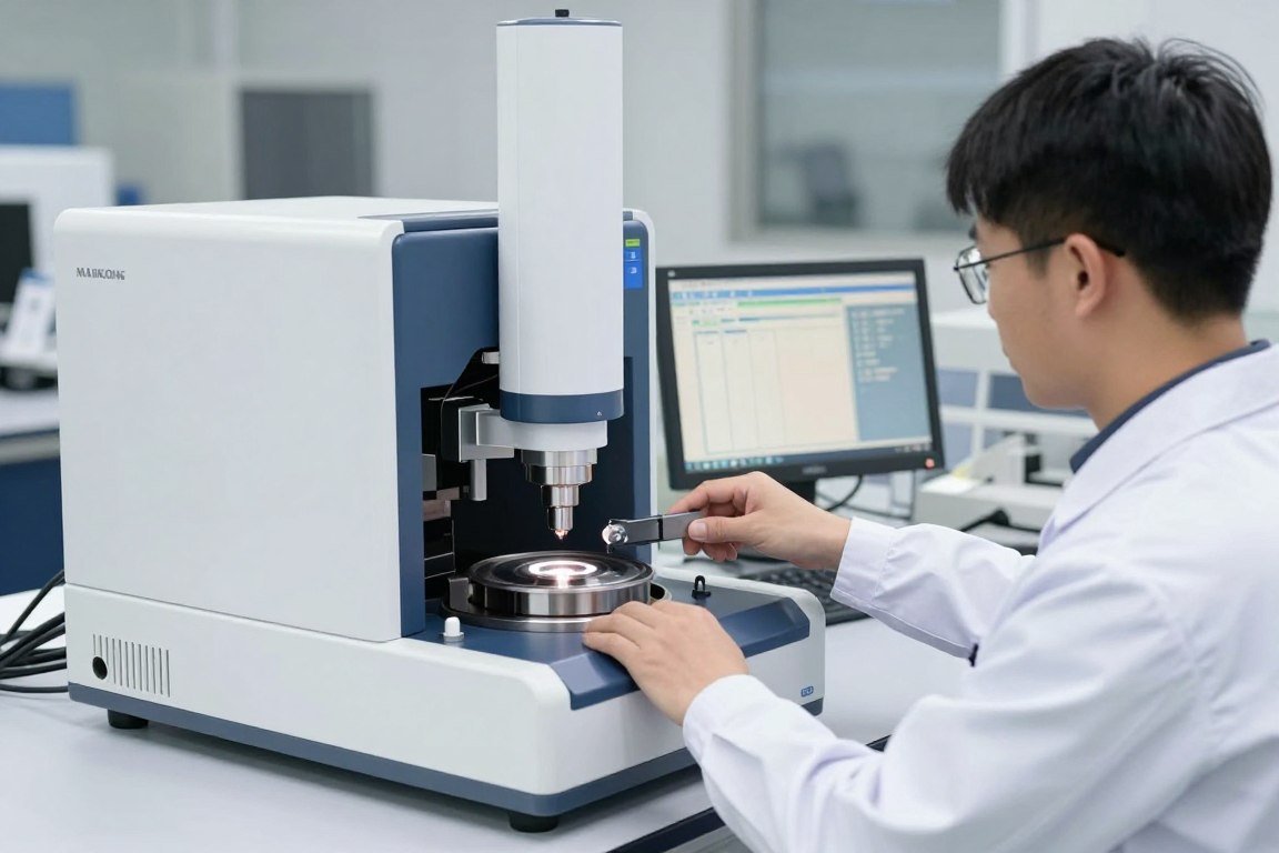 Quality control technician testing quantum resonance magnetic analyzer