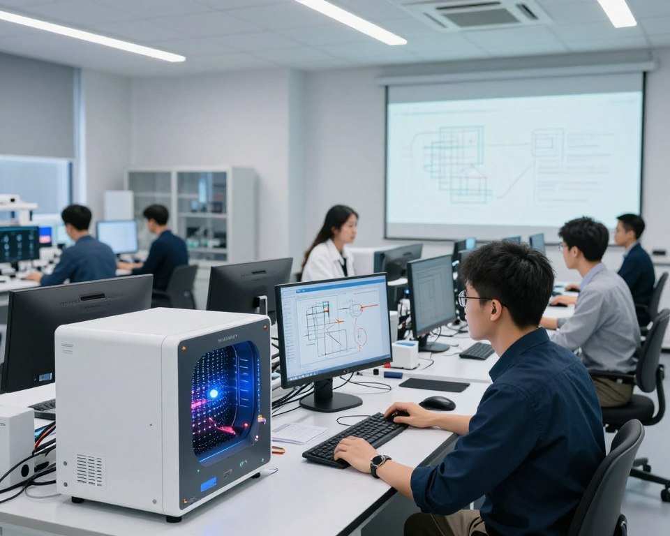 Research and development laboratory with engineers working on quantum analyzer technology