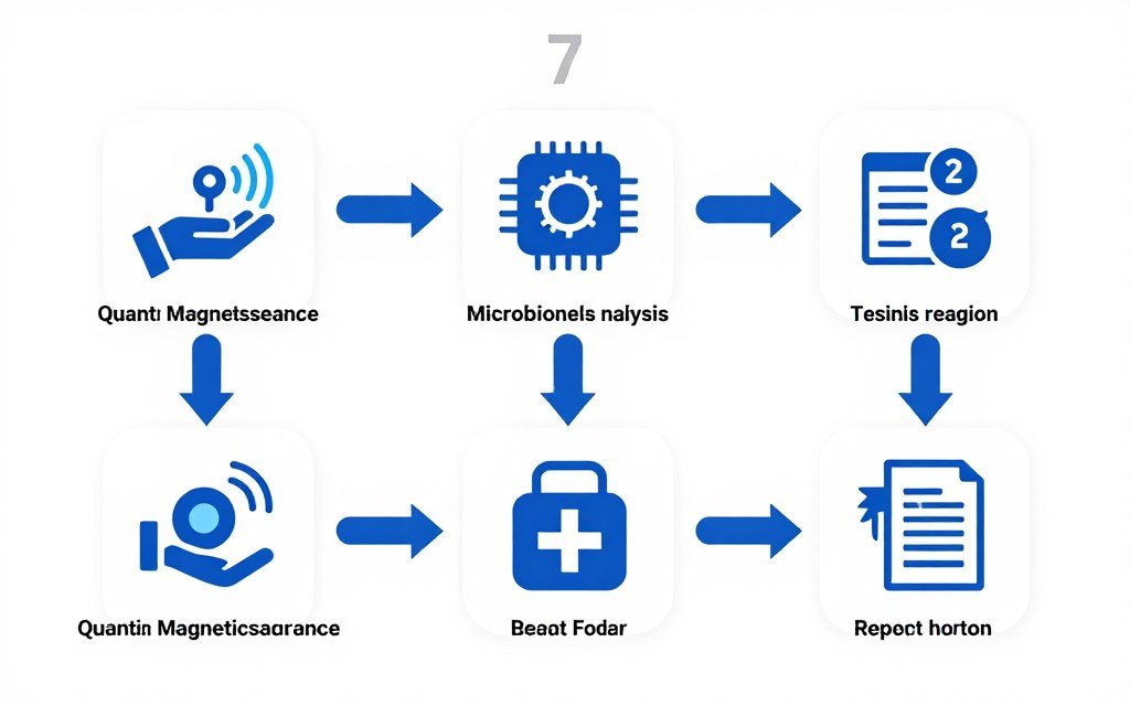 Step-by-step process flow diagram of quantum magnetic resonance analyzer testing procedure