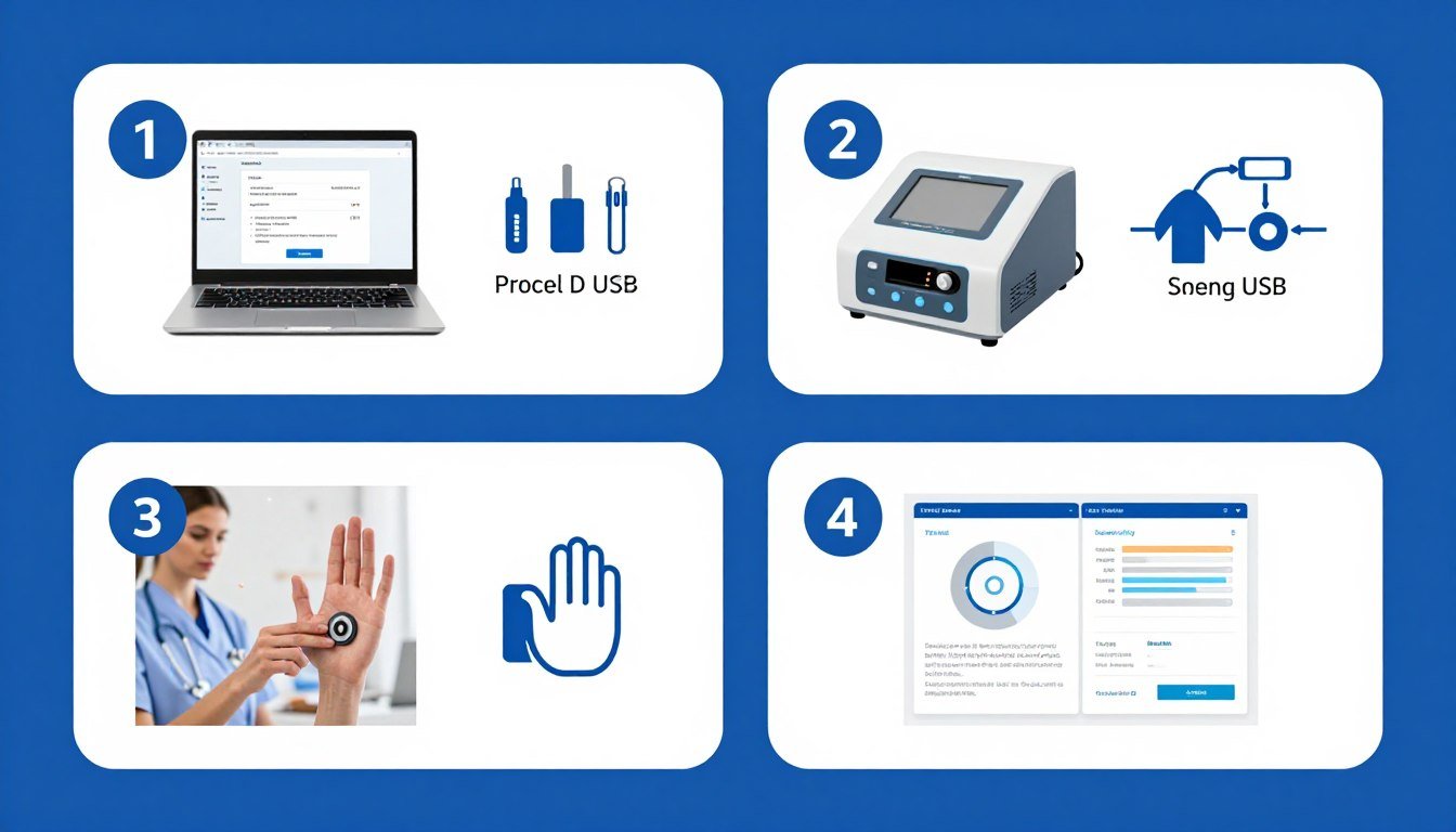 Step by step visual guide showing quantum analyzer operation process Step by step visual guide showing quantum analyzer operation process