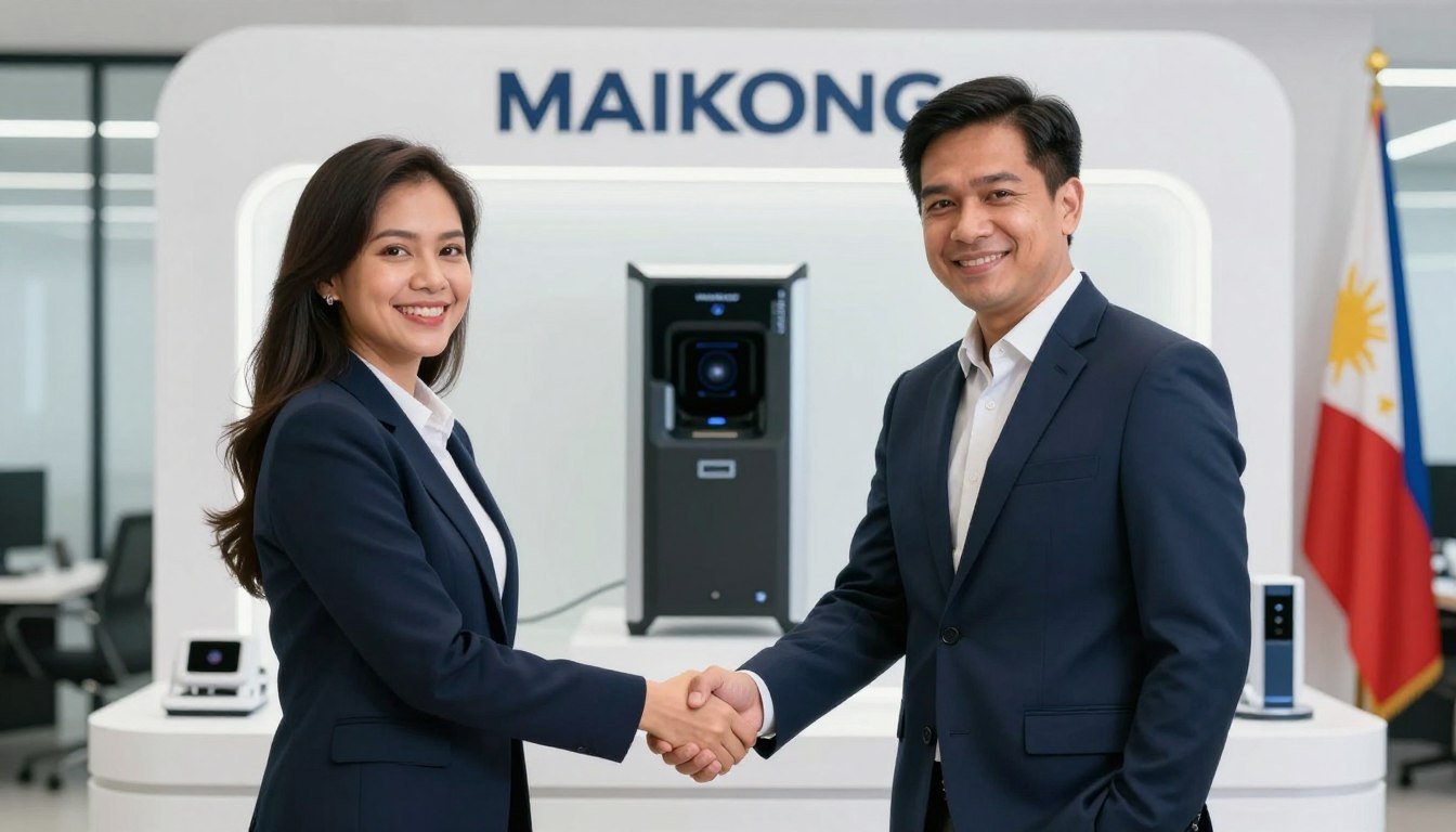 Successful Filipino business partners shaking hands in front of MAIKONG quantum scanner product display