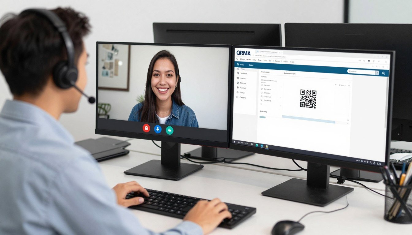 Technical support team providing remote assistance via video call on computer screen