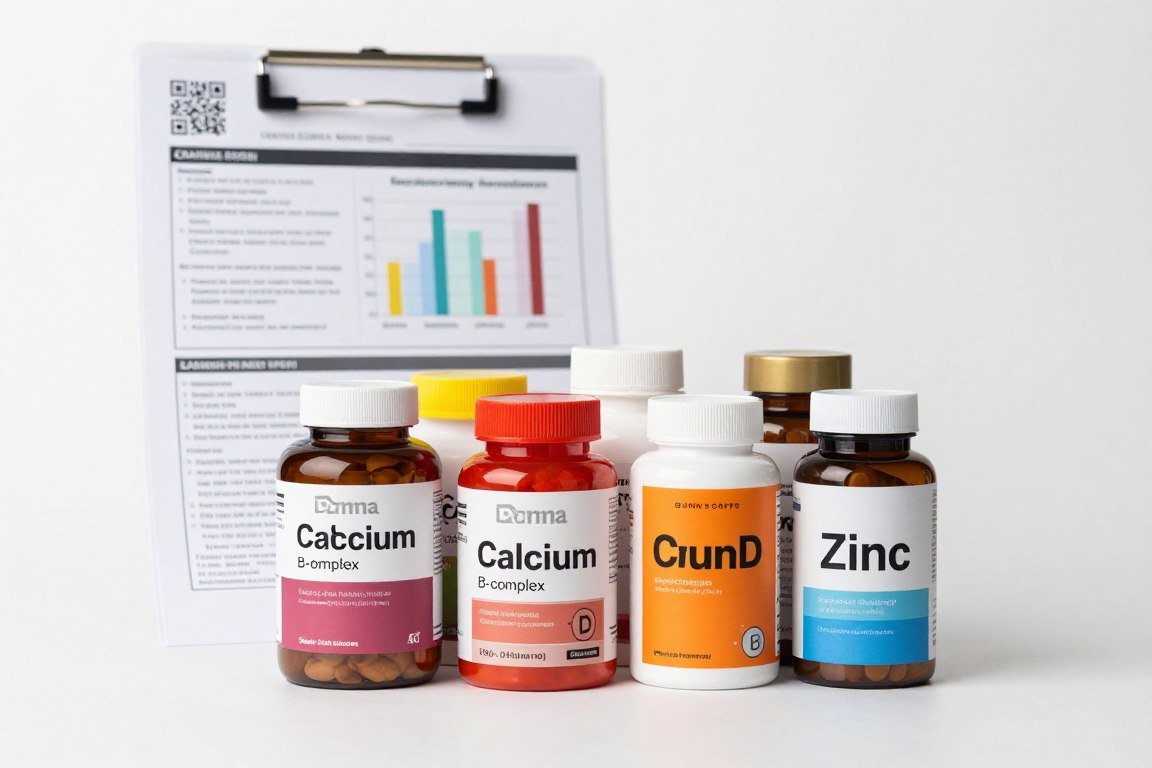 Vitamin and mineral supplement bottles arranged next to QRMA machine health report printout
