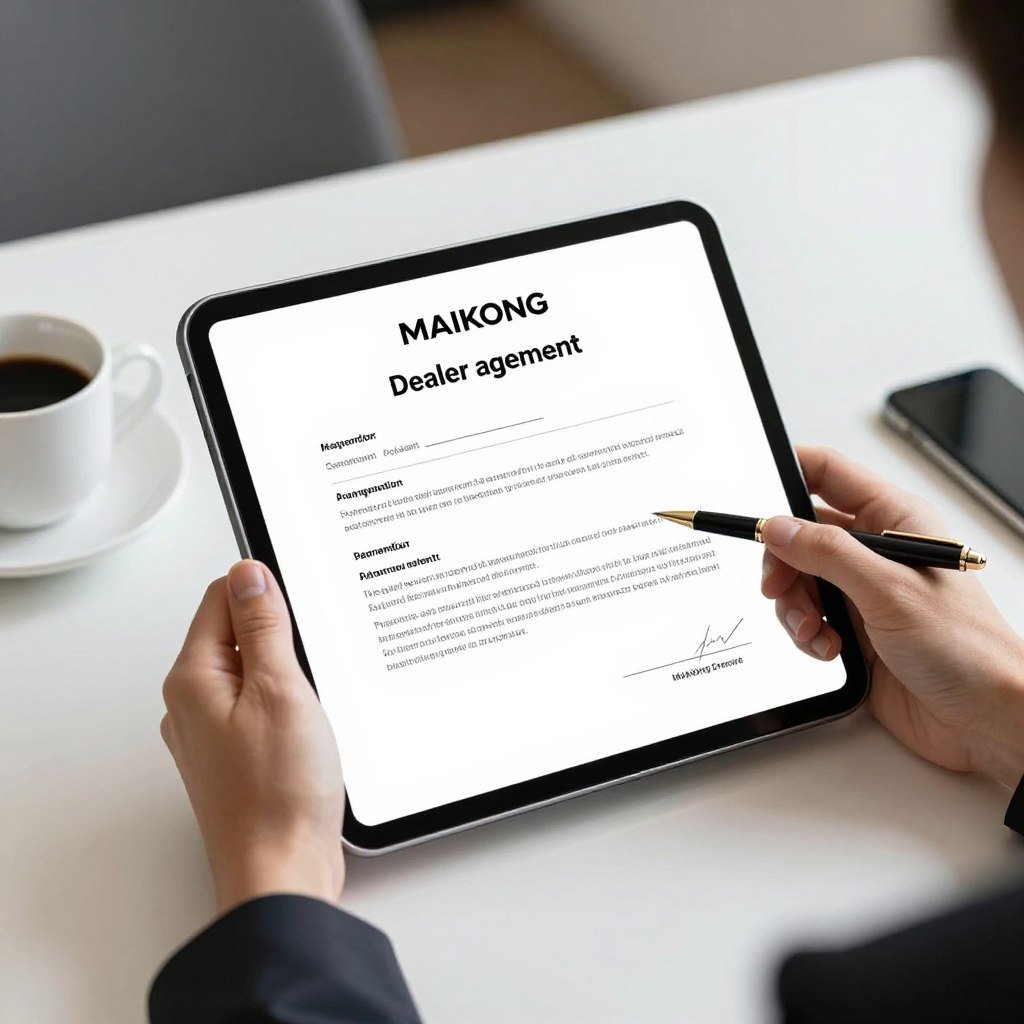 business person reviewing MAIKONG dealer agreement on tablet business person reviewing MAIKONG dealer agreement on tablet