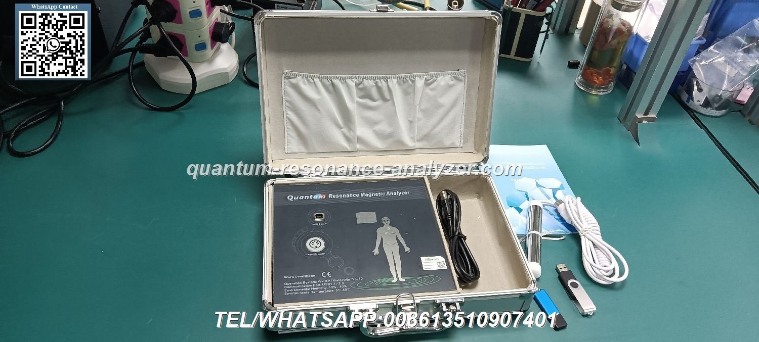 Quantum resonance magnetic analyzer device with sensor and computer display showing health analysis interface