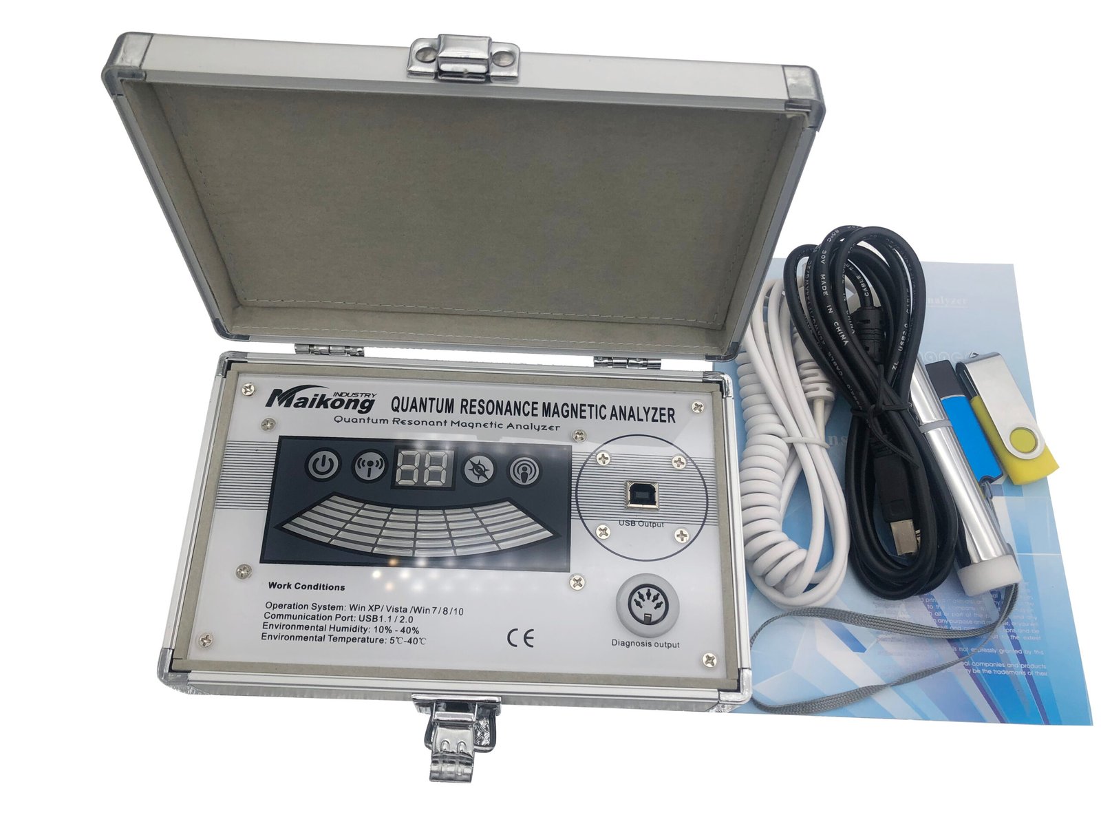 Technical specifications infographic for MAIKONG quantum resonance magnetic analyzer