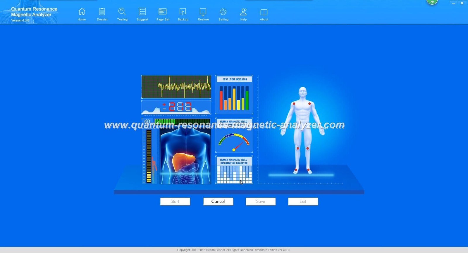 Quantum resonance magnetic analyzer software dashboard showing multiple health report options