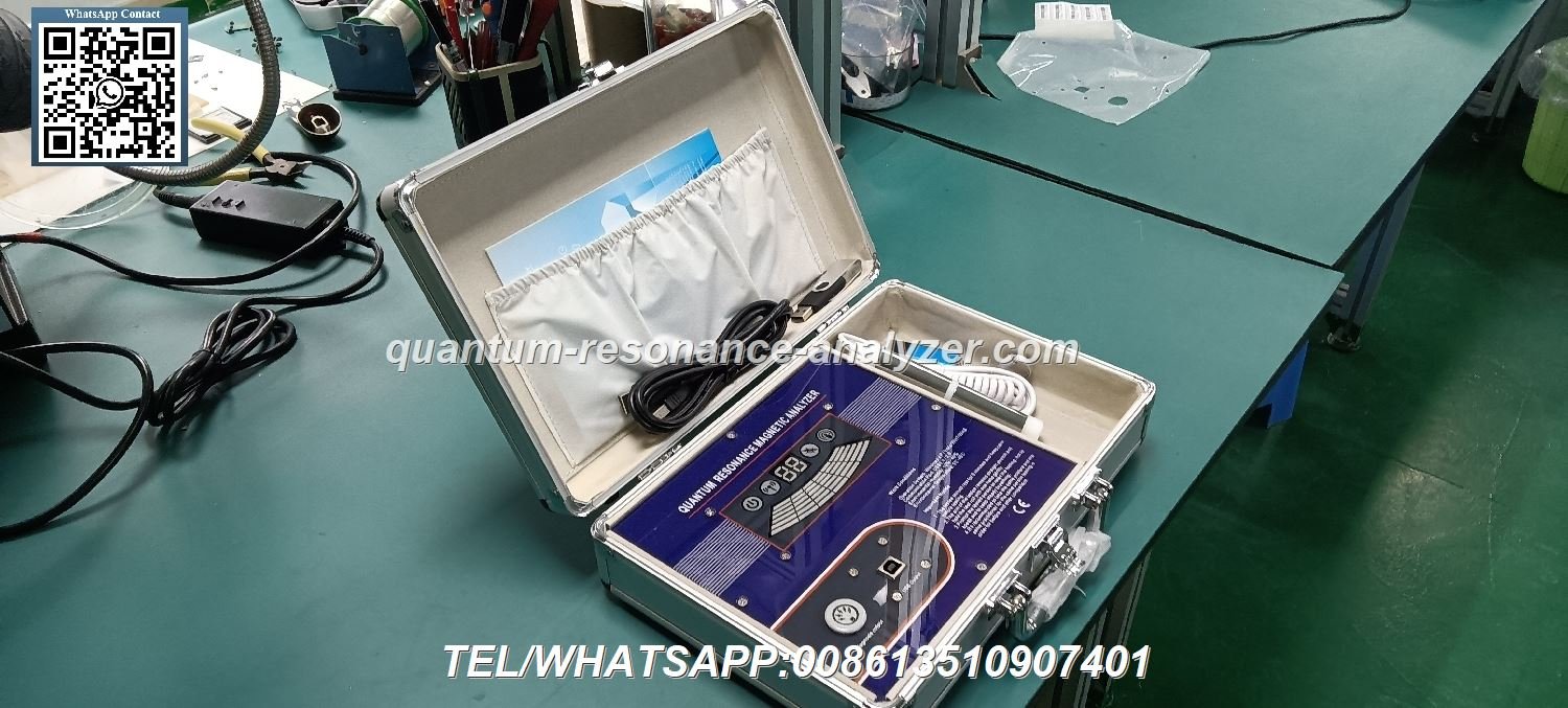 Quantum resonance magnetic analyzer device with sensor and computer display showing health analysis interface