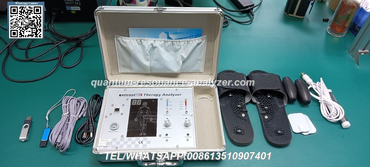 Person holding quantum resonance magnetic analyzer sensor during health scan