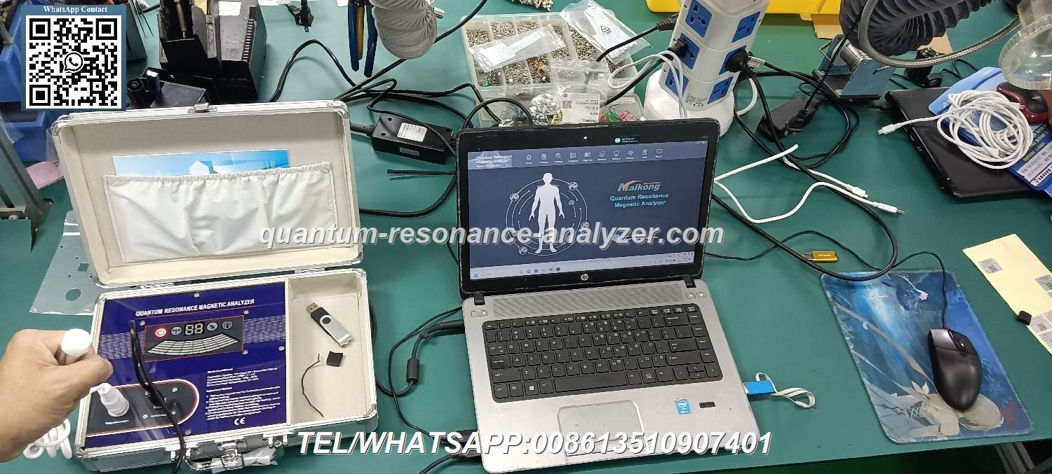 Person holding quantum resonance magnetic analyzer sensor during health scan