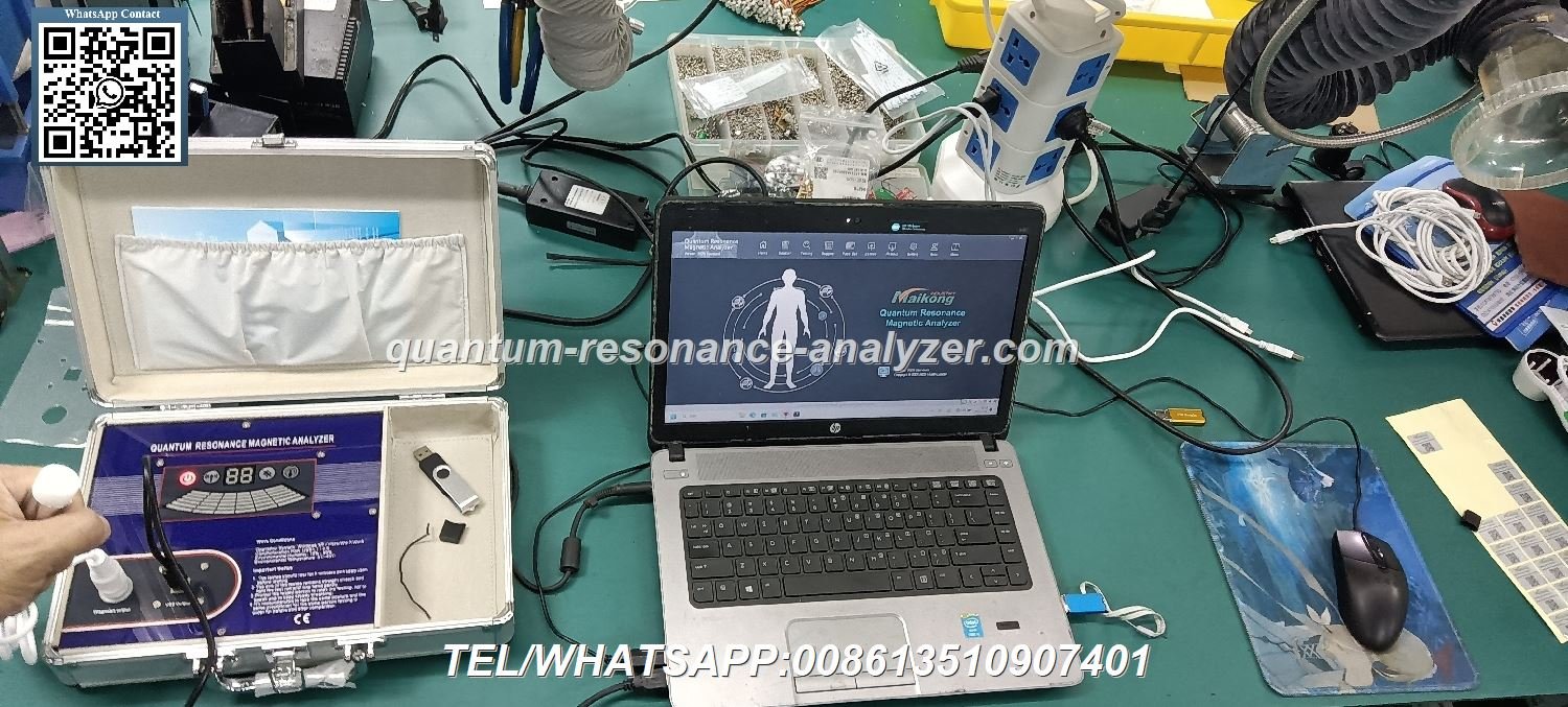 QRMA Machine MK-004 model displayed with sensor and laptop showing health analysis software