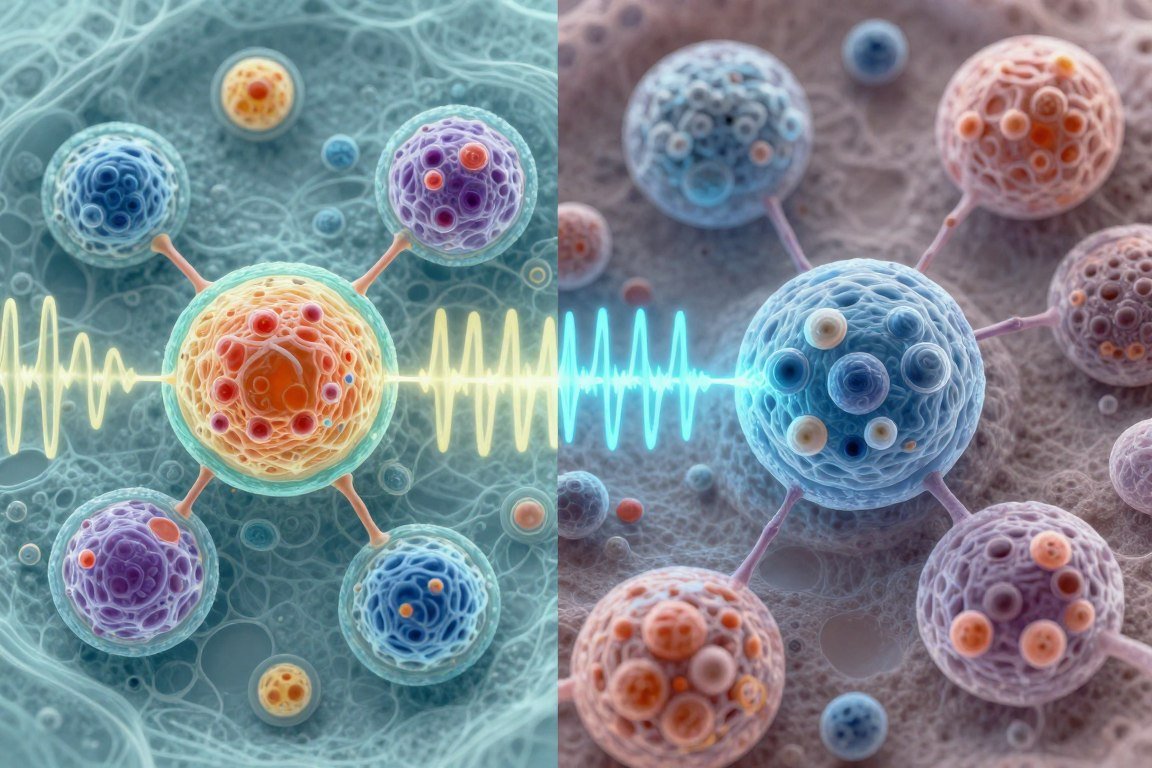 Cellular level visualization showing electromagnetic wave emissions from healthy versus diseased cells Cellular level visualization showing electromagnetic wave emissions from healthy versus diseased cells