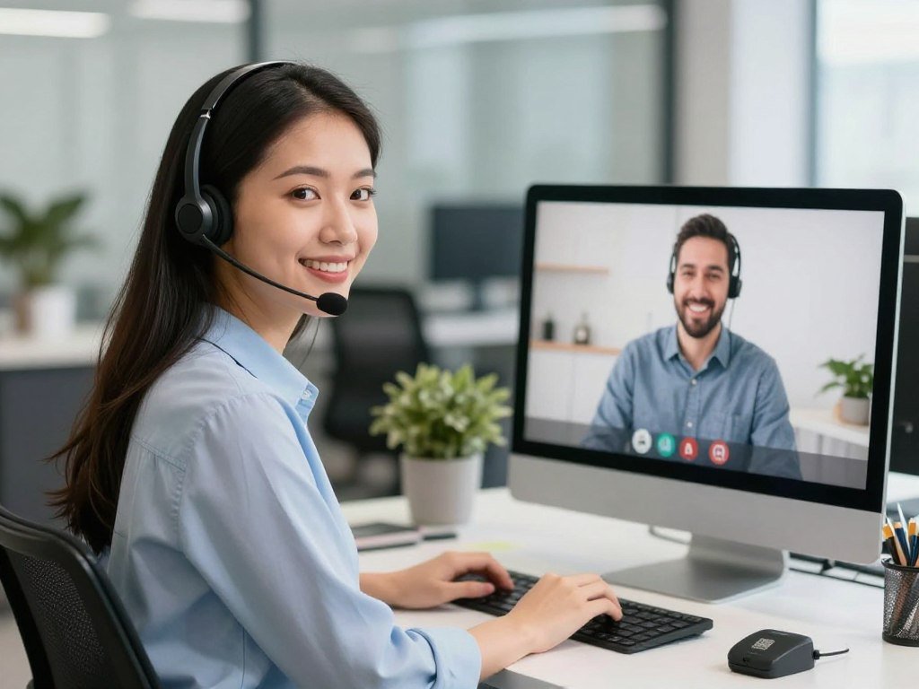 Customer support representative assisting client via video call about QRMA device Customer support representative assisting client via video call about QRMA device