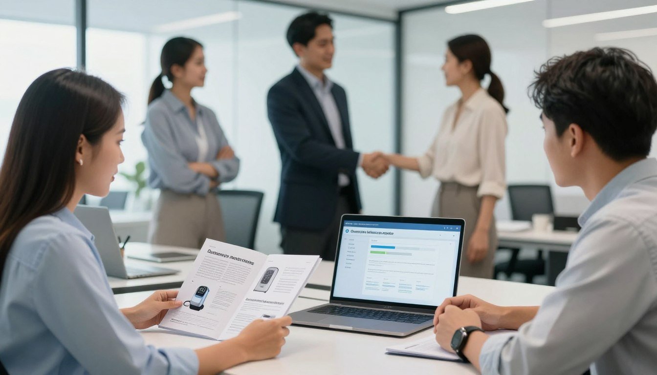 Filipino business partners reviewing quantum analyzer distribution opportunity