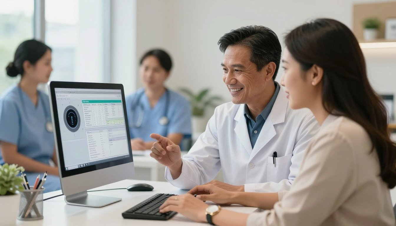 Filipino health practitioner consulting with client using quantum scanner results