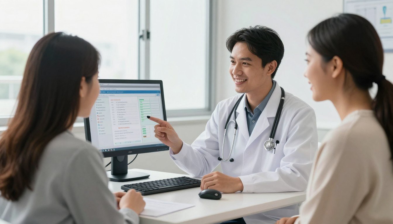 Happy Filipino clinic owner reviewing quantum analyzer results with patient Happy Filipino clinic owner reviewing quantum analyzer results with patient