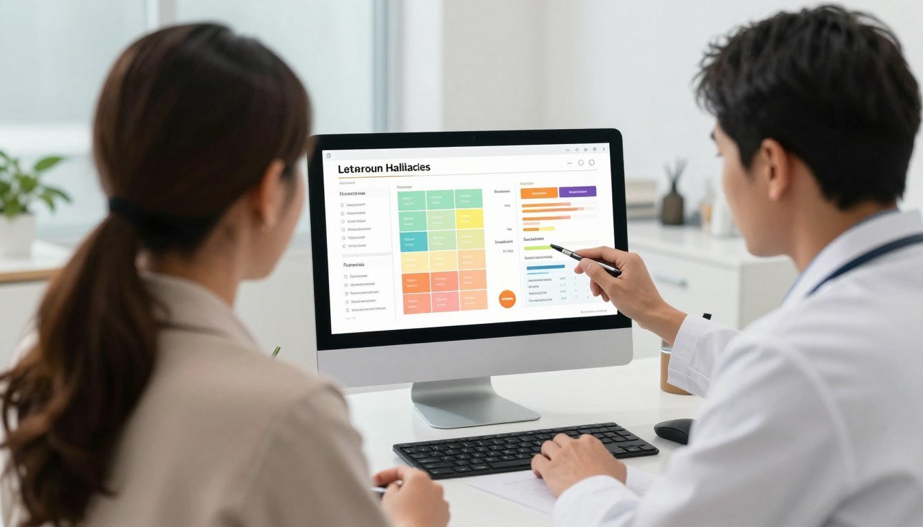 Health practitioner explaining quantum analyzer results to client