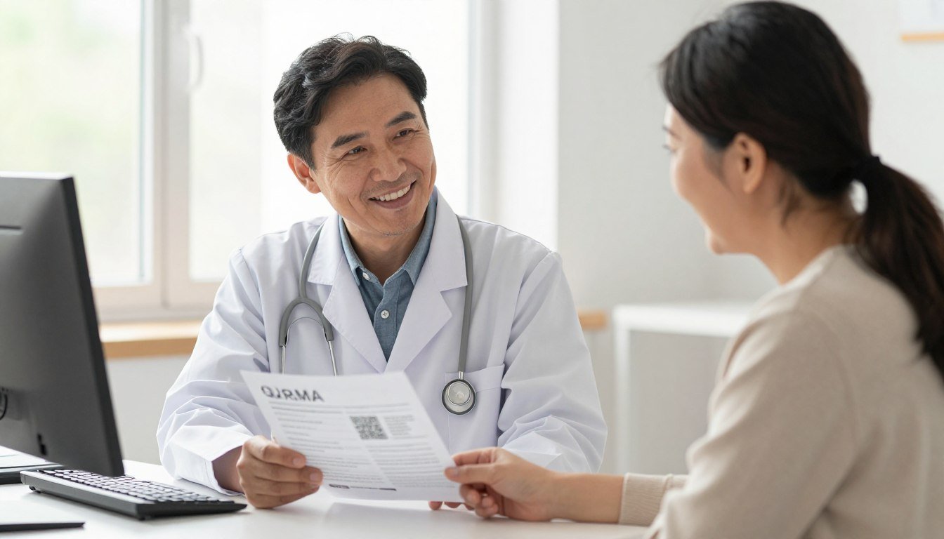 Healthcare practitioner and happy client reviewing positive QRMA results together Healthcare practitioner and happy client reviewing positive QRMA results together
