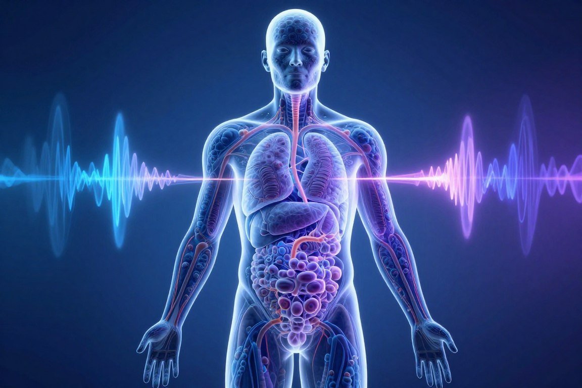 Scientific illustration showing electromagnetic waves emanating from human body cells Scientific illustration showing electromagnetic waves emanating from human body cells