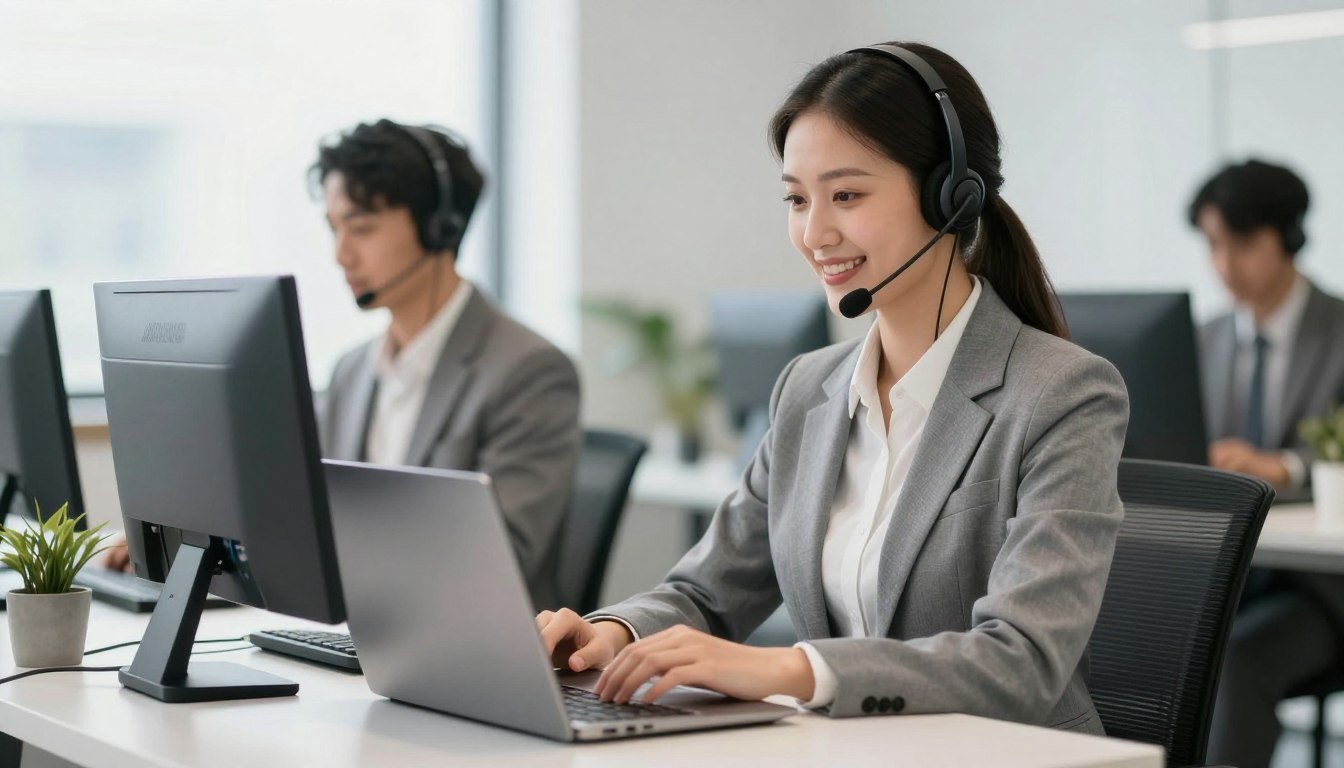 customer service representative providing technical support via computer