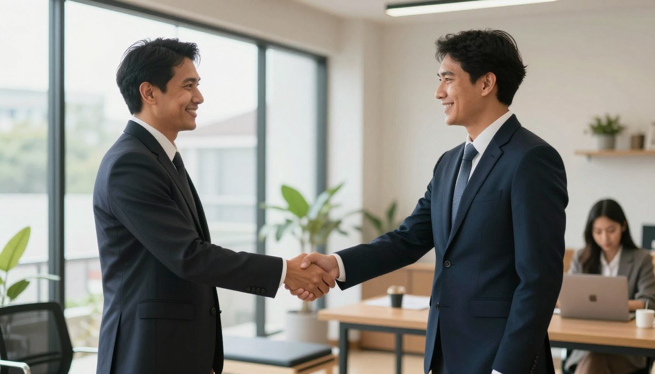 successful business partnership handshake with wellness center background