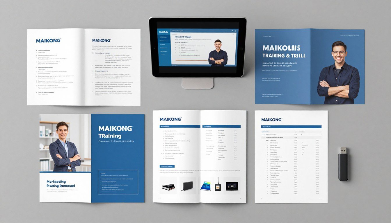 training materials including user manual, video tutorials, and marketing brochures